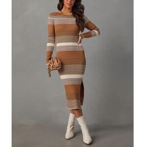 Vici Women's Brown White Audrey Striped Long Sleeve Knit Midi Dress Size M